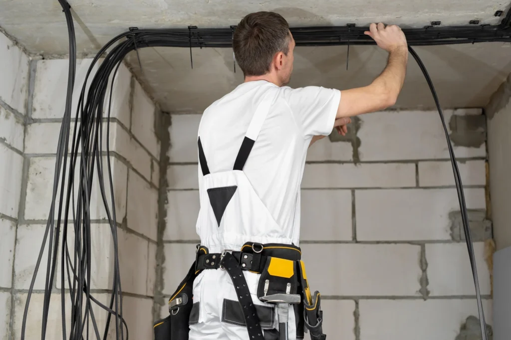 En professionell elektriker som installerar elkablar vid lägenhetsrenovering.